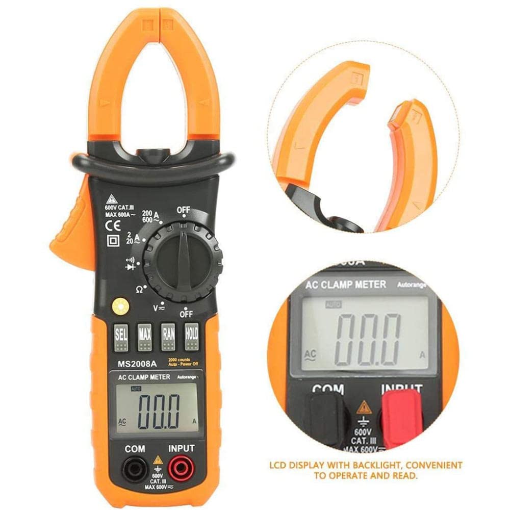 Multimetro Pinza Amperimetrica Digital 6000cuentas Pinza Multimeter Amperímetro Corriente CA,Tensión,NCV,Continuidad,Pantalla LCD con Luz Incluye Clips de Prueba, Prueba de diodos