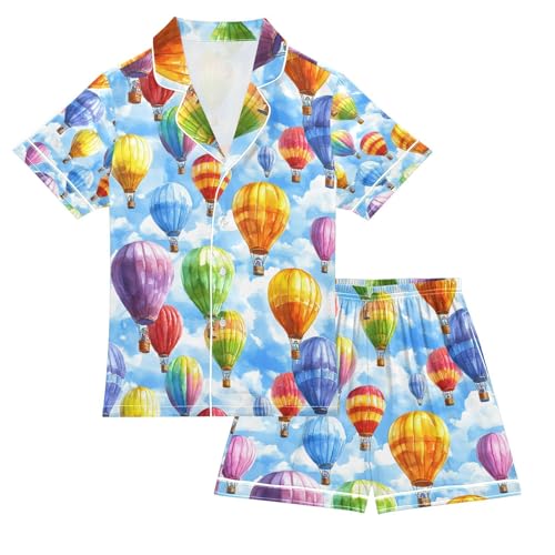 senya Hot Air Balloon Color Sky Satin Summer Pajama Sets Silk Short Sleeve Button Down Sleepwear