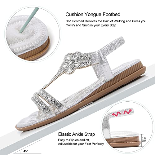 iCKER Women Rhinestone Sandals T-Strap Buckle Bohemian Pearl Crystal Flat Sandals3