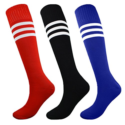 Fitliva Tube Dress Multi Color Assorted Multicolor Socks for Boys Girls Birthday Sports Gift with Stripe(3pairs-Black Blue Red)