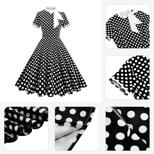 50s Style Dresses for Women Vintage Polka Dot Short Sleeve Tie Neck Swing Dress Midi Prom Retro 1950s Dress4