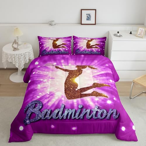 jejeloiu Badminton Bedding Set Toddler Size Kids Sports Game Comforter Cover for Boys Girls Teens Clear Purple Duvet Cover Breathable Soft Lightweight Microfiber