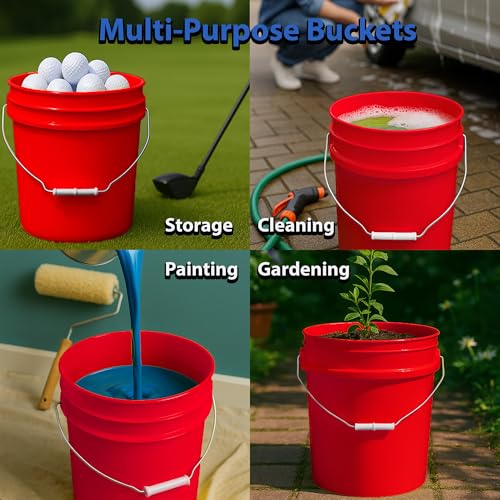 Image of 5 Gallon Bucket & Lid - All Purpose Pail - Made in USA - Food Grade - BPA Free (Red, 6-Pack)
