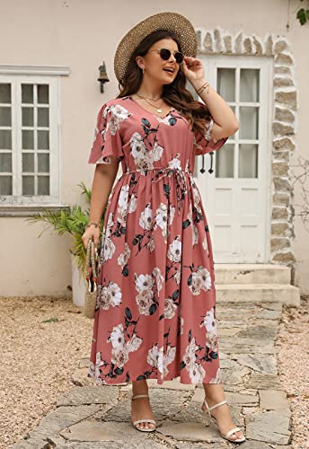 Image of Nemidor Womens Plus Size Maxi Dress Summer Boho Sundress Floral Print Flared Casual Long Dresses with Pocket