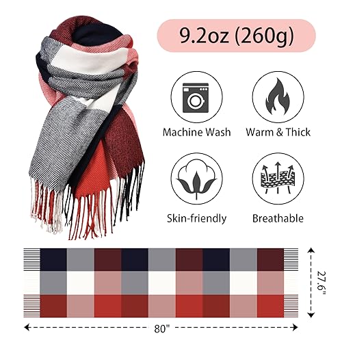 Winter Scarf for Women, Winter Warm Women's Scarves, Cashmere Blanket Scarf Classic Tassel Plaid (Red)4