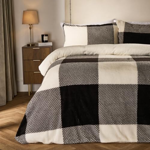 OHS Single Teddy Fleece Duvet Set, Sherpa Reversible Gingham Check Winter Christmas Bedding Super Soft Warm Thermal Single Duvet Cover Set Teddy Bear Bedding with Pillowcases, Monochrome