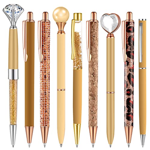 Image of Janmini Metal Crystal Glitter Ballpoint Pen Set 9 Pcs Black Ink Cute Cute Things Novelty Gifts for Women Girls Birthday Home Office (Brown)