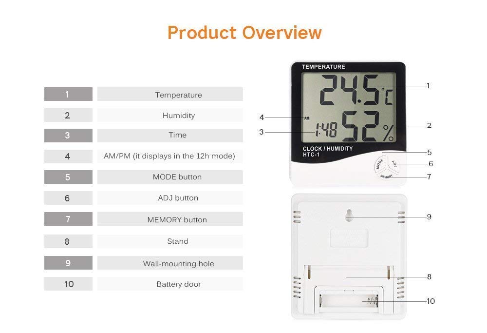 Parssufy HTC-1 Room Thermometer with Humidity Incubator Meter and Accurate Temperature Indicator Wall Mounting LCD Digital Clock Monitor for Indoor/Outdoor (White) 1
