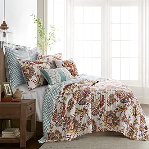 Levtex Home - Eden Quilt Set - Full/Queen Quilt (88x92in.) + Two Standard Pillow Shams (26x20in.) - Floral - Burnt Orange, Yellow Ochre, Green, Teal, and White - Reversible - Cotton Fabric Cover