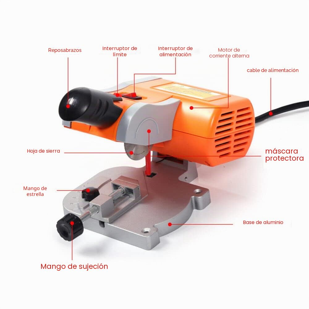 Mini sierra de corte transversal, sierra para ingletar, 7800 rpm, sierra de corte de mesa, acero, madera de latón, 0-45 grados ajustable para madera, zinc, aluminio, etc.