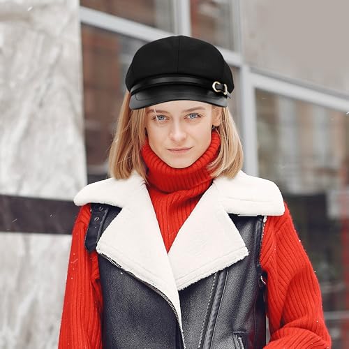 Busnos Baskenmütze Newsboy Cap Damen-Hut Mit Achteckiger Form Schwarze Baskenmütze Damen-Newsboy-Kappen Trendige Niedliche Kleiderhüte Herbst- Und Wintermützen Ballonmütze Mode