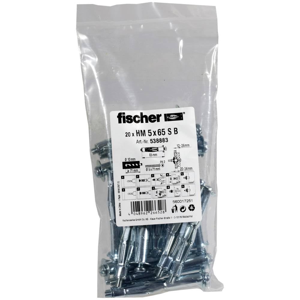 Fischer HM 5 x 65 S – Tacos de metal con tornillo para fijar imágenes, rieles de cortinas en materiales de construcción de placas – 20 unidades – Número de referencia 538883