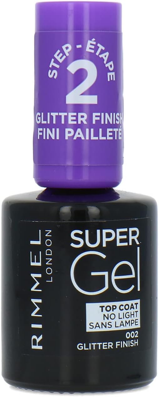 Rimmel Super Gel, 002 Glitter Finish Top Coat , Long-Lasting Nail Polish, Glazed Finish, Easy Application, Gel-like Manicure, Chip Resistant, Clean Formula, 12ml