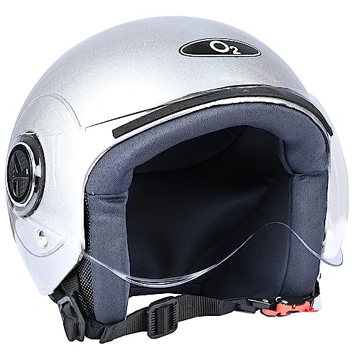 Image of O2 Open Face / Half face Helmet Unisex for Bike Women Men ISI Certified with Clear Visor Smooth Finish Lightweight & Compact (Silver, 540mm Medium)