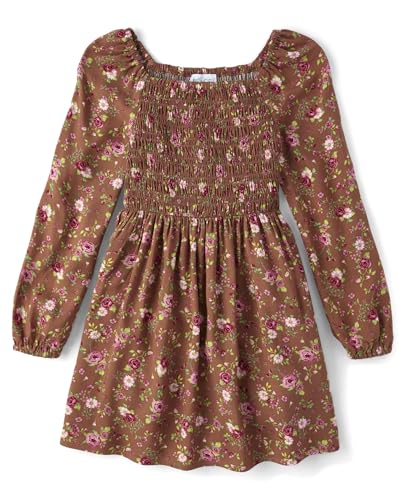 The Children's Place,Girls,Long Sleeve Everyday Dress,Pecan Pie Smocked,Large