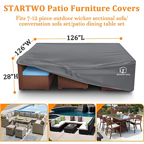Startwo 3 Years Lifespan Patio Furniture Covers Waterproof, Anti-Uv Tear-Resistant 600D Heavy Duty 7-12 Seats Outdoor Furniture Cover For Sectional Sofa, Patio Table Cover, 126"X126"X28", Grey #TOP1