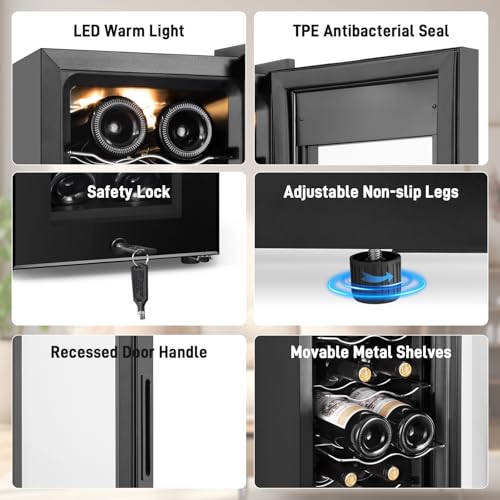 Image of Tylza 12 Bottles Wine Fridge, Wine Cellar with Powerful Compressor, LED Touchscreen, Low-E Tempered Glass Door, Lock, Wine Cooler Refrigerator for Red, White, Champagne or Sparkling Wine, Black