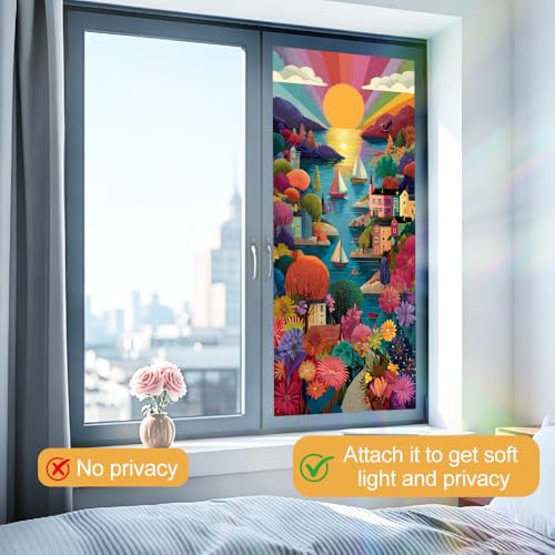 Image of Colorful Coastal Village Sailboat Window Film 17.32x39.37in