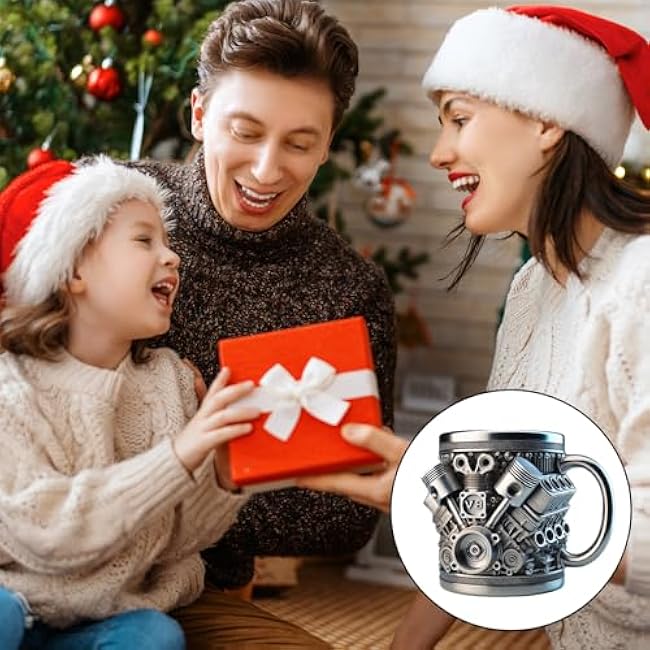 V8 3D Stainless Steel Cup, V8 Engine Coffee Mug with Heat-Insulated Handle, Personalized, Unique and Stylish, a Great Gift for Car Lovers