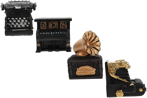 Juego de 4 adornos vintage para escritorio, minifiguritas retro, miniaturas en miniatura, tocadiscos retro, decoración vintage, decoración de casa