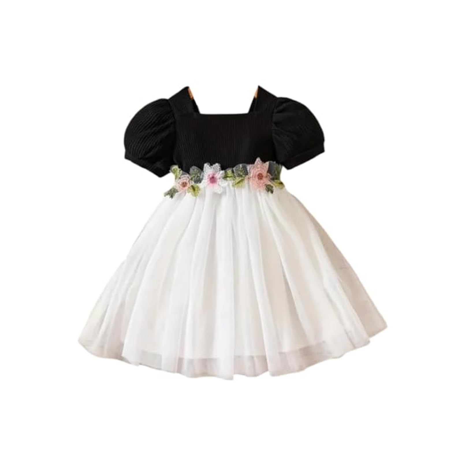 Niren Enterprise Baby-Mädchen-Gehrock – kurzärmeliges besticktes Blumenkleid mit Gürtel, quadratischer Ausschnitt, 1 Stück