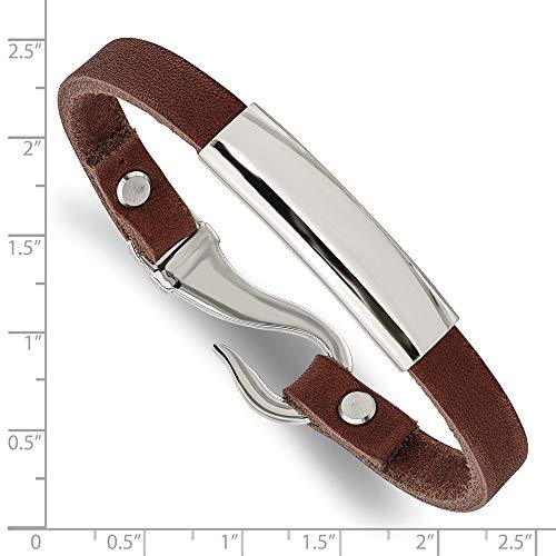 Polished Engravable Personalized Custom Stainless Steel Polished Brown Leather Id Bracelet For Men Length 8.5 Inches Width 10 Mm #TOP2