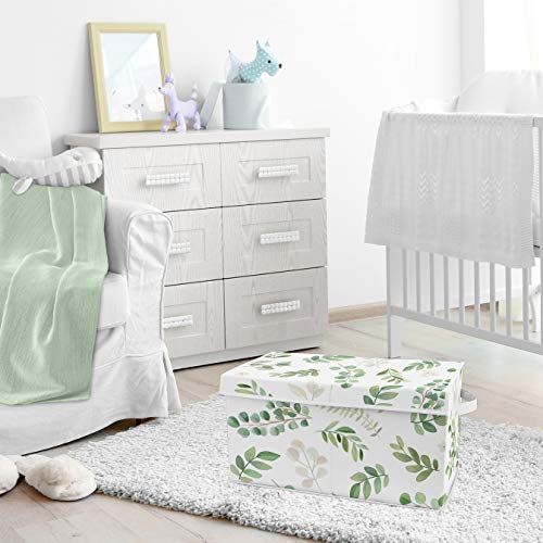 Sweet Jojo Designs Floral Leaf Girl Small Fabric Toy Bin Storage Box Chest For Baby Nursery Or Kids Room - Green And White Boho Watercolor Botanical Woodland Tropical Garden #TOP1