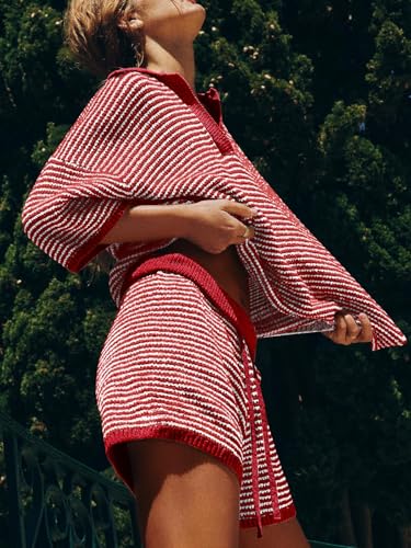 Image of Tankaneo Womens Sweater Set 2 Piece Outfits Oversized 3 /4 Sleeve V Neck Knit Tops High Waisted Shorts Lounge Sets