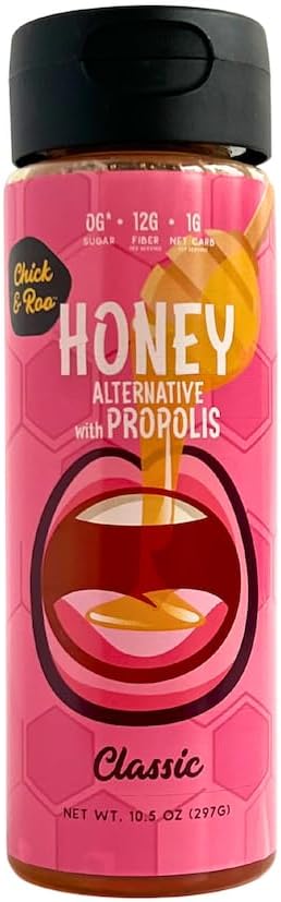 Chick and Roo Miel sin azúcar con propóleos, alternativa natural a la miel, cero azúcar, fibra prebiótica, 1 carbohidrato neto, sin OMG, sin gluten,