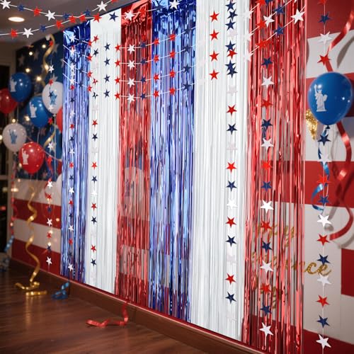 CIEHER 10PCS 4th of July Decorations Set - 8 Pack Star Streamers Banner Garland & 2 Pack Tinsel Foil Fringe Curtains - July 4th Decor