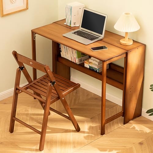HRVEOCEI Bamboo Fold Out Desk with Storage, Mid Century Hideaway Desk for Small Spaces, Folding Computer Desk for Home Office Bedroom Apartment, Space Saving (Light Walnut)
