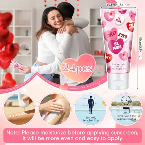 Image of 24 Pcs Travel Size Mini Sunscreen Bulk for Summer Vacation Spf 30 Water Resistant Sunscreen Lotion Sunblock for Thank You Gifts Hawaiian Wedding Pool Party Favor (Valentines)