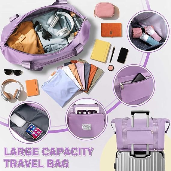 Image of JD Fresh 41 Liter Foldable Travel Bags for Women /Nylon Duffle Bags /Expandable Vanity Travelling Luggage Handbags /Waterproof & Lightweight Shopping Bag for Personal Items (Purple)