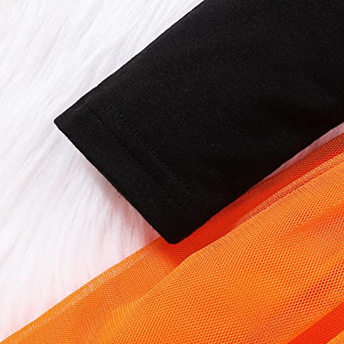 Fantasias de Halloween para bebês meninas, manga comprida, estampa de letras, tule (laranja, 18 a 24