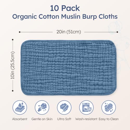 Image of Yoofoss Muslin Burp Cloths for Baby 10 Pack 100% Organic Cotton Baby Washcloths for Boys Girls Large 20''X10'' Super Soft and Absorbent Apricot,Denim Blue