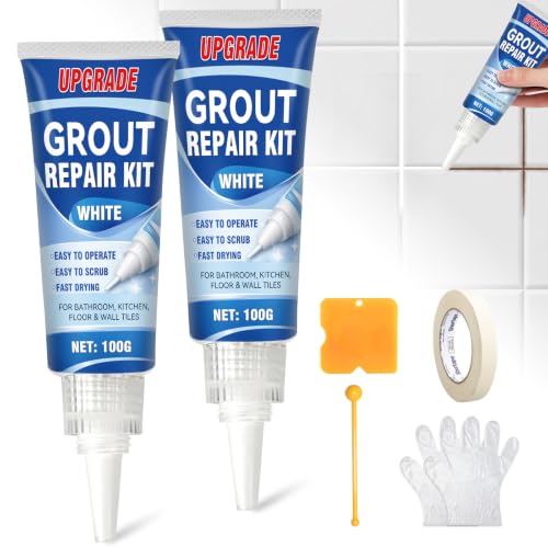 Kit de réparation pour joints de carrelage, lot de 2 (200 g), Joint Carrelage blanc avec kit d'outils 5 pièces, Stylo à joint blanc, séchage rapide et imperméable, pour jointt de sols et murs