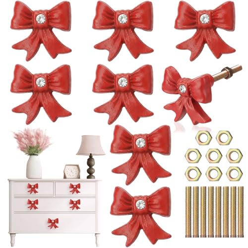 MorningRo 8 Pcs Red Bow Dresser Knobs with Diamond Small Coquette Decor Back to School Cast Iron Drawer Cabinet Knobs for Dorm Girly Bow Drawer Pull Handles for Women Girls Vanity Wardrobe Bedroom