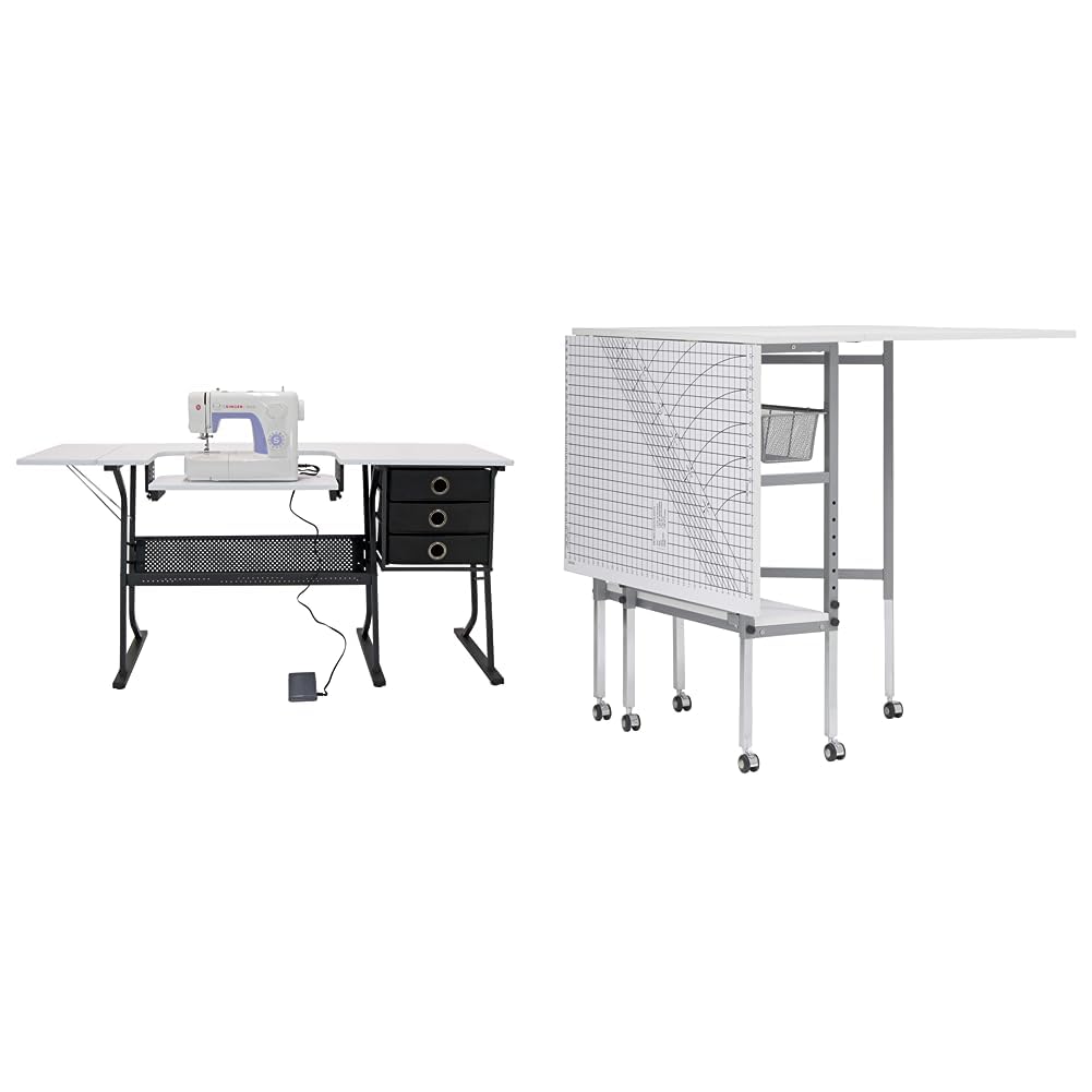 Sew Ready Eclipse Ultra Hobby Machine Top Storage Drawers + Large Lower Shelf, Black/White & Foldable Hobby and Cutting Grid Table - 58.75" W x 36.5" D White Arts and Crafts Table