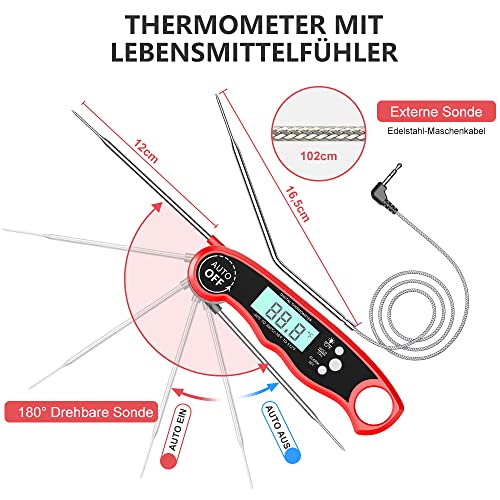 CIRYCASE Fleischthermometer Digital, Sofort Lesen Bratenthermometer Ofenthermometer, Externe Lange Sonde mit 102cm-Edelstahlkabel, Zeigerthermometer, Backofenthermometer für Küche, BBQ, Ofen, Backen