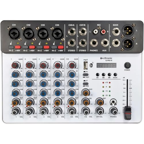 Citronic Mezclador compacto Q-PAD-8 con interfaz de audio USB-C, Bluetooth y efectos digitales | Estudio portátil, sonido en vivo, podcast y equipo de DJ para uso doméstico o profesional