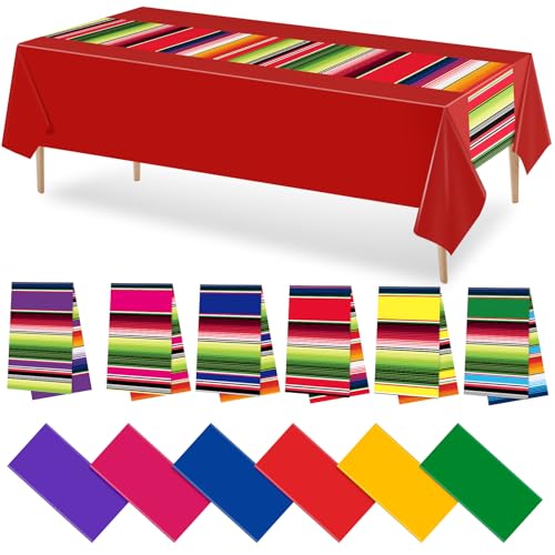 VitalCozy 6 Pcs Plastic Mexican Table Runner and Fiesta Tablecloth Set Cinco De Mayo 14 x 108 in Striped Serape Table Runner for Dia De Los Muertos Mexican Birthday Party Decorations (Assorted Color) by VitalCozy - Used condition - US$15.20