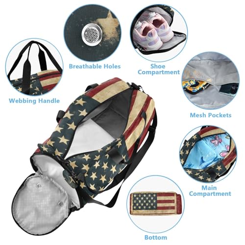 Kids Sports Duffel Bag for Boys & Girls - Retro American Flag 100% Polyester Gym Bag with Separate Shoe Compartment, Adjustable Shoulder Strap, Compact Travel & Workout Gear Bag4