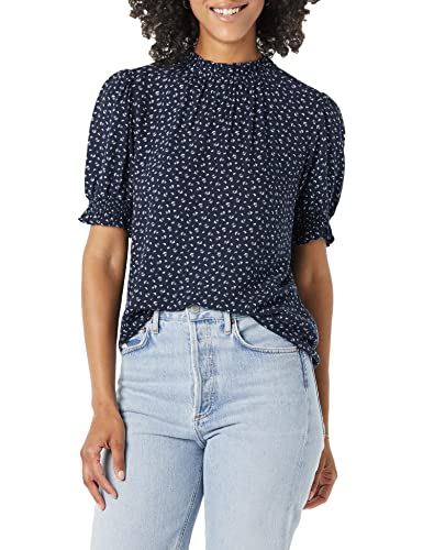 Amazon Essentials Camisa en Sarga Fluida con Manga Corta Abullonada y Detalle Fruncido Mujer, Azul Marino Blanco Estampado de Flores Pequeñas, XL