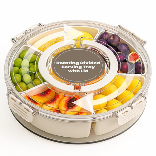 Rotating Divided Serving Tray with Lid – Portable Snackle Box for Fruits, Veggies & Charcuterie – Lazy Susan Organizer with Handle – Clear Spinning Snack Container