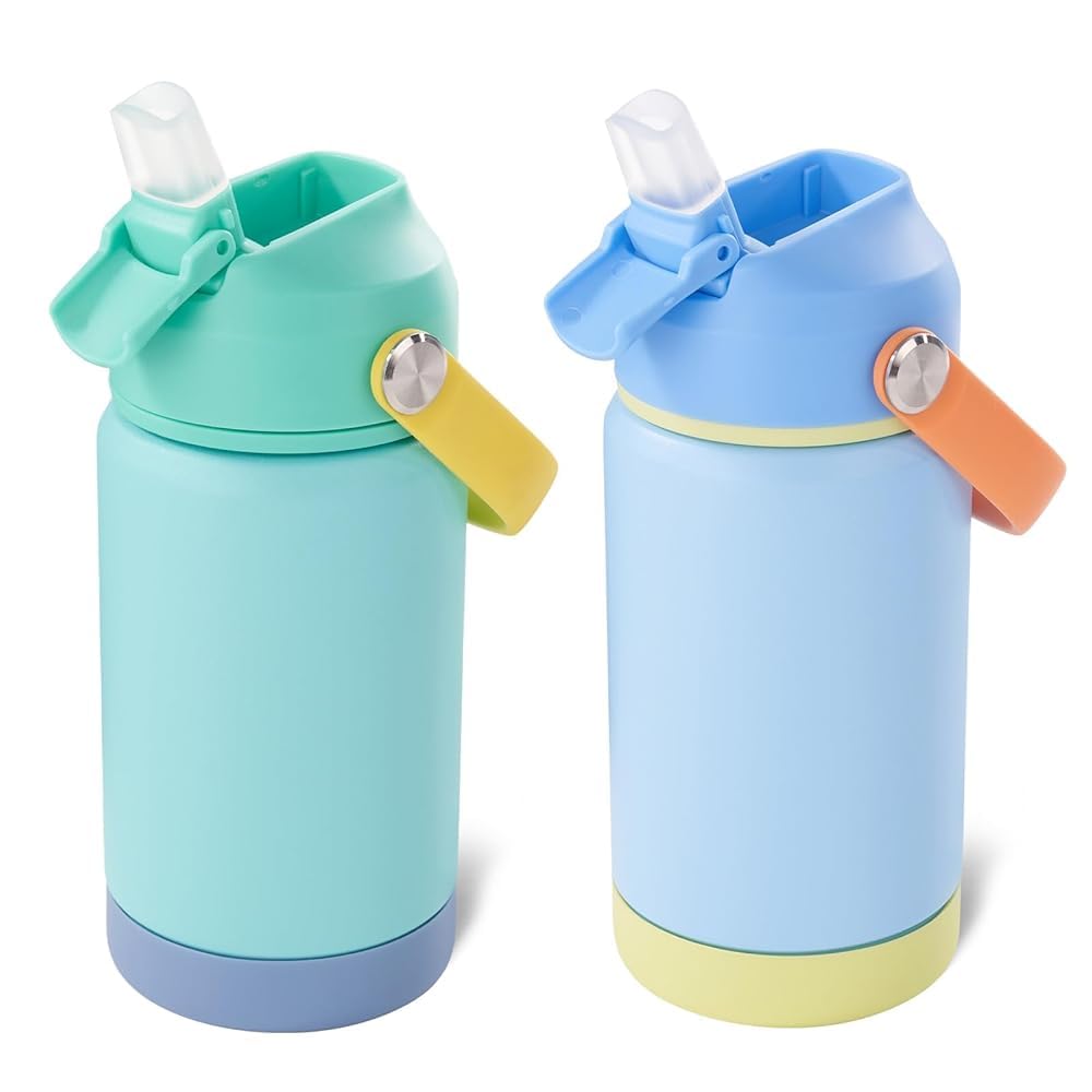 Fijinhom Kids Water Bottle, 360ml/12oz, Stainless Steel Insulated Water Bottle with Straw, Vacuum Leakproof, Kids Water Bottles for School Boys Girls,BPA Free,Yellow + Sky 2 Piece Set โ image 1