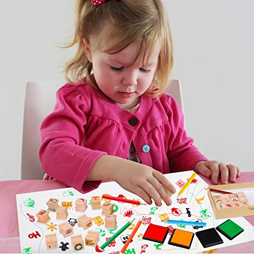 Konsait 34Pcs Wooden Christmas Stamps With Ink Pad Colored Pencil, Holiday Wood Rubber Stamp Cavalli Mini Stamp Images With Drawing Colouring Pencil Art Supplies Set For Greeting Cards Scrapbooks #TOP2