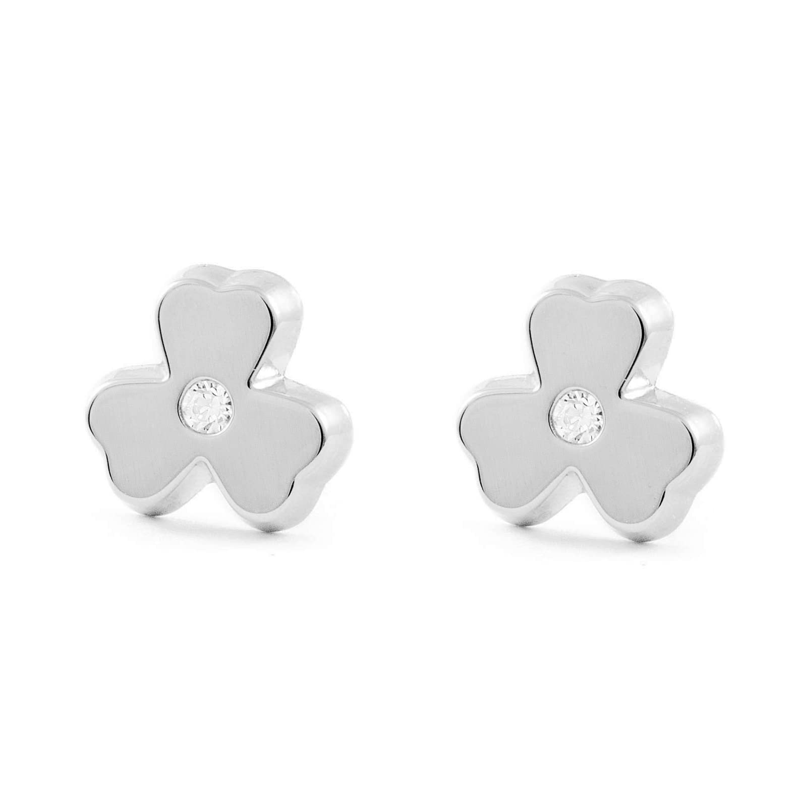 Monde Petit Pendientes Niña Oro Blanco Trebol en circon (9 Kts.) - Estuche Regalo - Certificado de Garantía - Mondepetit