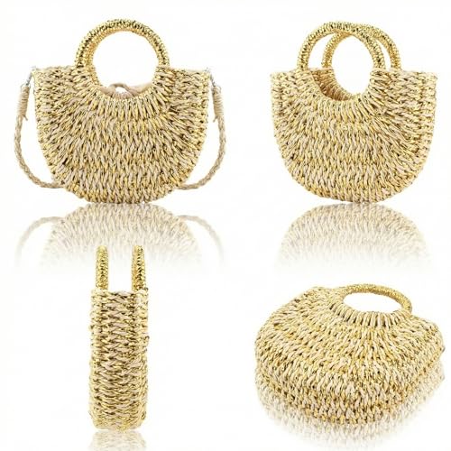 Image of Rattan Handmade Straw Tote Handbag Beach Shoulder Bag Summer Beach Rattan Bag Straw Bag