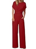 Women Jumpsuits Dressy Short Sleeve Front Crisscross Tie Waist Belted Wide Leg Pant Romper with Pockets