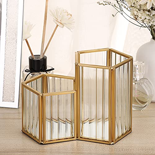 Hipiwe Gold Metal Glass Makeup Brush Holder Organizer Cosmetic Brushes Storage Eyeliners Eyebrow Pencil Display Case Desktop Pencil Pot Pen Cup Holder, 2 Tube Combination #TOP1